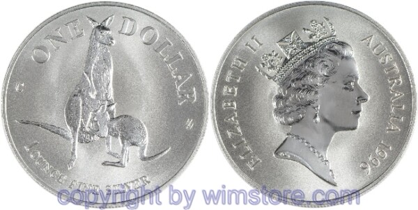 Australien, 1 Dollar 1996, Känguruh stillt Baby, KM 297, Silber, BU, mit Kapsel