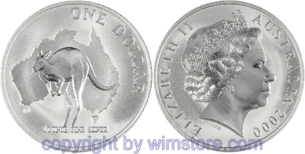 Australien, 1 Dollar 2000, Känguruh vor Umriss Australiens, KM 490.1, Silber, BU, mit Kapsel