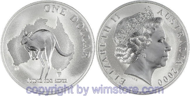 Australien, 1 Dollar 2000, Känguruh vor Umriss Australiens, KM 490.1, Silber, BU, mit Kapsel