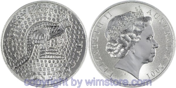 Australien, 1 Dollar 2001, Känguruh im Aboriginal Stil mit Punktmuster, KM 590, Silber, BU, mit Kapsel