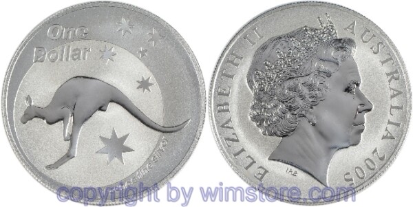 Australien, 1 Dollar 2005, Känguruh nach links vor dem Kreuz des Südens, KM 749, Silber, BU, mit Kapsel