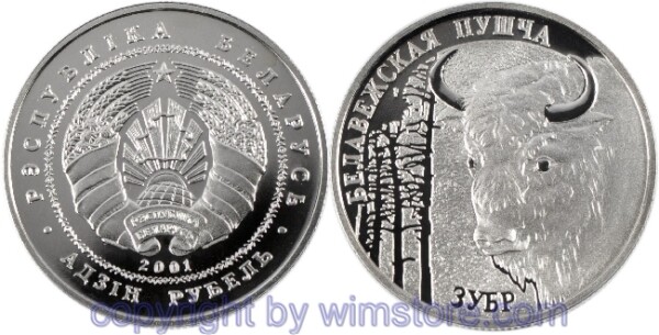 s5601 Weißrussland, 1 Rubel 2001, KM 47, Weißrussische Nationalparks - Wisent, Ku/Ni, BU, mit Kapsel