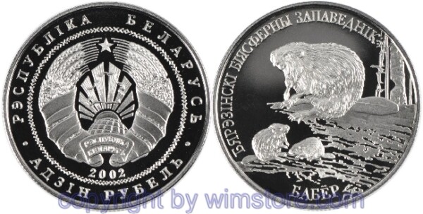 Weißrussland, 1 Rubel 2002, KM 44, Weißrussische Nationalparks - Biber mit Jungen, Ku/Ni, BU, mit Kapsel