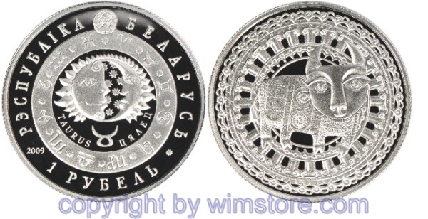 Weißrussland, 1 Rubel 2009, KM 317, Tierkreiszeichen - Stier, Ku/Ni, BU, mit Kapsel
