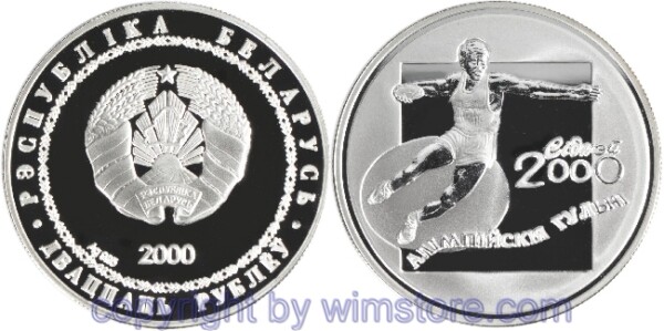 s5657 Weißrussland, 20 Rubel 2000, KM 52, XXVII Sommer Olympiad 2000 in Sydney - Discuswerfen, Silber, PP, mit Kapsel