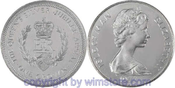 Insel Man, 1 Crown 1977, 25. Jahrestag der Thronbesteigung von Königin Elisabeth II.  - Gekröntes Monogramm, KM 42, Ku/Ni, st
