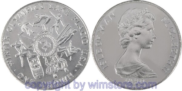 Insel Man, 1 Crown 1980, Winter Olympiade 1980 in Lake Placid - verschiedene Wintersportarten, KM 64, Ku/Ni, st