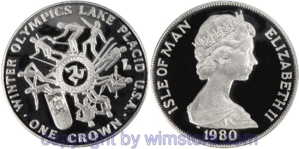 Insel Man, 1 Crown 1980, Winter Olympiade 1980 in Lake Placid - verschiedene Wintersportarten, KM 64, Ku/Ni, BU