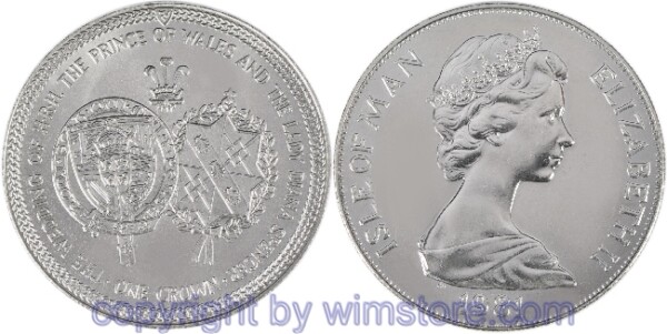 Insel Man, 1 Crown 1981, Hochzeit von Prinz Charles und Lady Diana Spencer - Allianzwappen, darüber Krone, KM 81, Ku/Ni, st