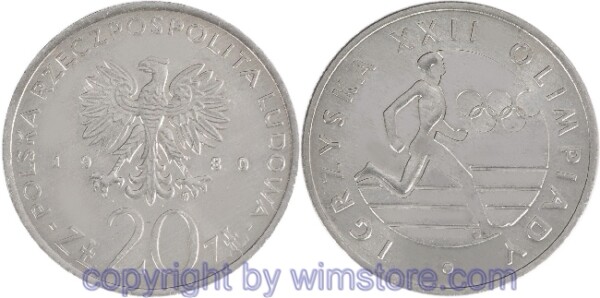 Polen, 20 Zlotych 1980, XXII Sommer Olympiade 1980 in Moskau - Läufer, Y 108, Ku/Ni