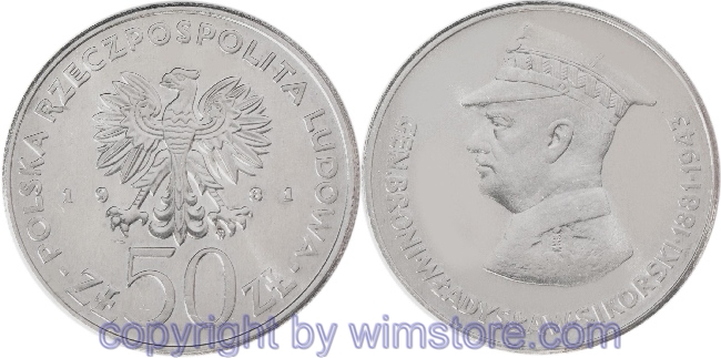 Polen, 50 Zlotych 1981, 100. Geburtstag von Władylłav Sikorski, Y 122, Ku/Ni