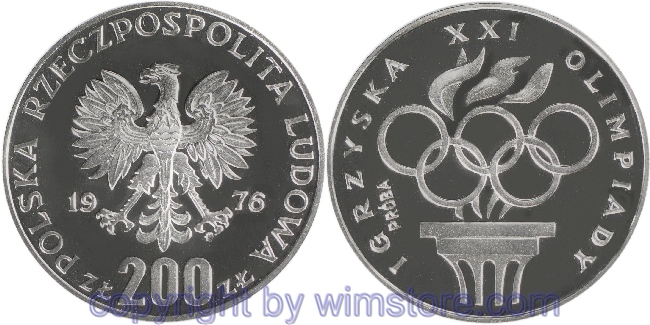 Polen, (Próba), 200 Zlotych 1976, XXI. Sommer Olympiad 1976 in Montreal - Olympisches Feuer, PR 285 Silber, PP, Kapsel