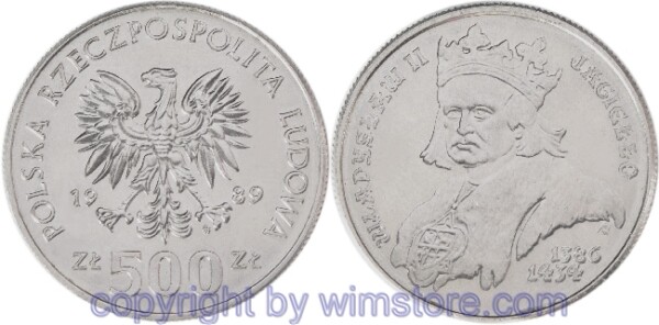 s5914 Polen, 500 Zlotych 1989, Polnische Könige und Fürsten - Ladislaus II, Y 194, Ku/Ni
