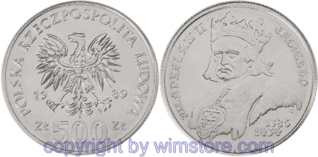 Polen, 500 Zlotych 1989, Polnische Könige und Fürsten - Ladislaus II, Y 194, Ku/Ni
