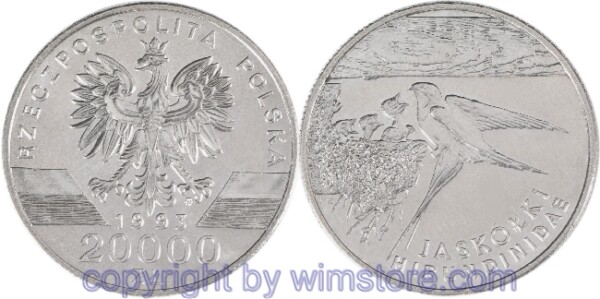 Polen, 20000 Zlotych 1993, Tierwelt - Rauchschwalbe, Y 243, Ku/Ni