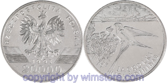 Polen, 20000 Zlotych 1993, Tierwelt - Rauchschwalbe, Y 243, Ku/Ni