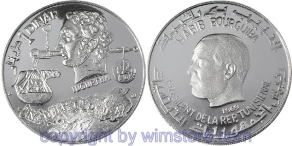 s5951 Tunesien, 1 Dinar 1969 NI, 10 Jahre Verfassung - Jugurtha, KM 294, Silber, PPII, minimal angelaufen, Kapsel