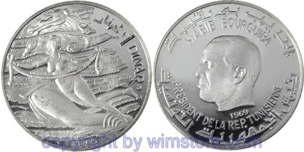 s5953 Tunesien, 1 Dinar 1969 NI, 10 Jahre Verfassung - Venus, KM 299, Silber, PPII, minimal angelaufen, Kapsel