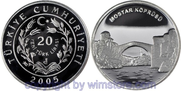Türkei, 20 New Lira 2005, Türkische Architektur - Alte Brücke über die Neretva in Mostar, KM 1174, Silber, PP