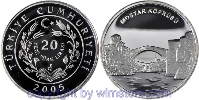 Türkei, 20 New Lira 2005, Türkische Architektur - Alte Brücke über die Neretva in Mostar, KM 1174, Silber, PP