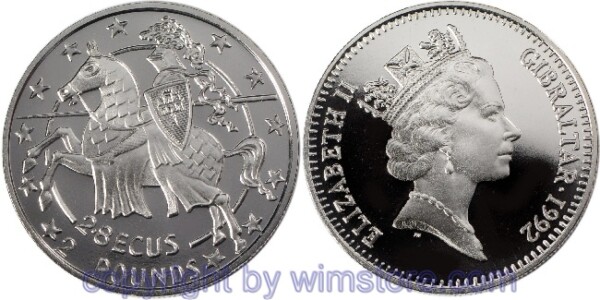 s5962 Gibraltar, 2,8 Ecus 1992, Gibraltar in Europa - Ritter mit Wappenschild, KM 293, Ku/Ni, BU