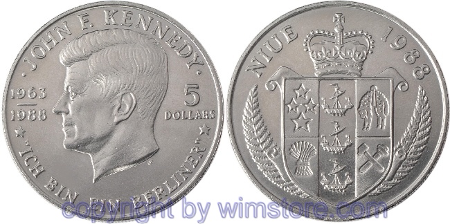 Niue, 5 Dollars 1988, 25. Jahrestag des Besearchs von Kennedy in Berlin, KM 17, Ku/Ni, st, mit Kapsel