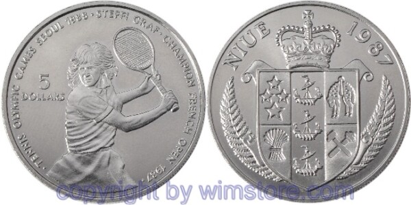 s5982 Niue, 5 Dollars 1987, Sommer Olympiade 1988 in Seoul - Steffi Graf, KM 5, Ku/Ni, st, mit Kapsel