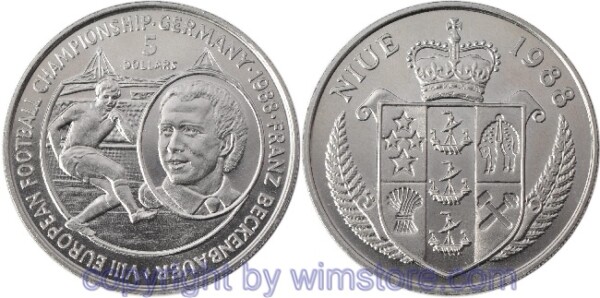 Niue, 5 Dollars 1988, Fußball WM 1988 in Deutschland - Beckenbauer, KM 12, Ku/Ni, st