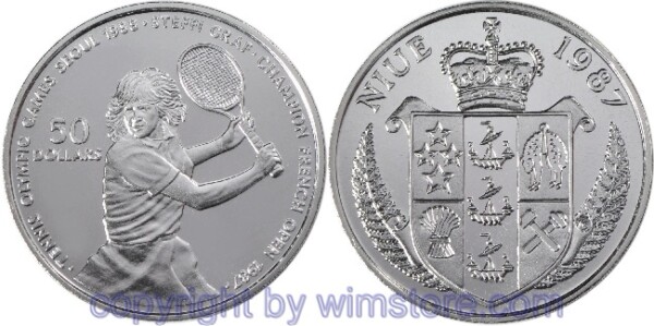 s5984 Niue, 50 Dollars 1987, Sommer Olympiade 1988 in Seoul - Steffi Graf, KM 6, Silber, BU
