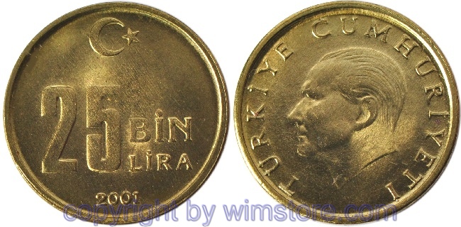 Türkei, 25000 Lira 2001 - 2003, KM 1104, Messing