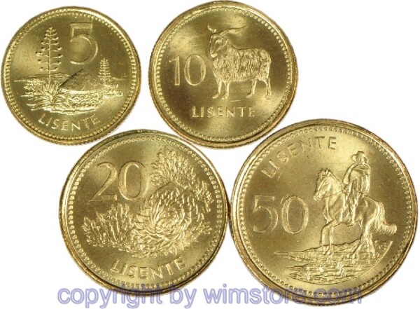 Lesotho Lot: 4 verschiedene Münzen, 5, 10, 20 und 50 Lisente, diverse Jahrgänge, -st