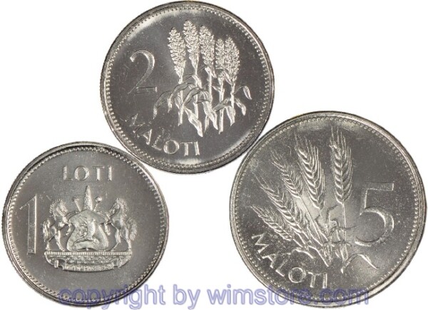 Lesotho Lot: 3 verschiedene Münzen, 1 Loti, 2 und 5 Maloti 1998, -st
