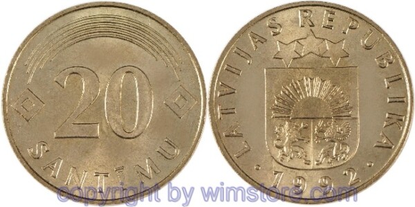 Lettland, 20 Santimu 1992, 2007, 2009, KM 22.1, Ni/Me