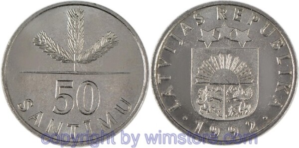 Lettland, 50 Santimu 1992, 2007, 2009, KM 13, Ku/Ni