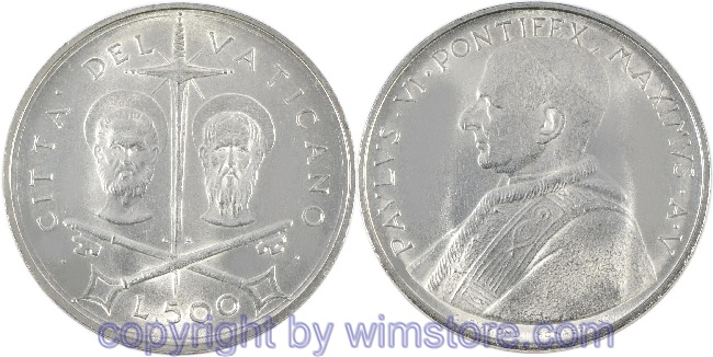 Vatikan, 500 Lire 1967, Kreuz zwischen Hl. Peter und Paul, KM 99, Silber