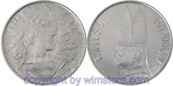 s6167 Vatikan, 100 Lire 1966, Hirt mit Lamm auf der Schulter, KM 90, Stahl