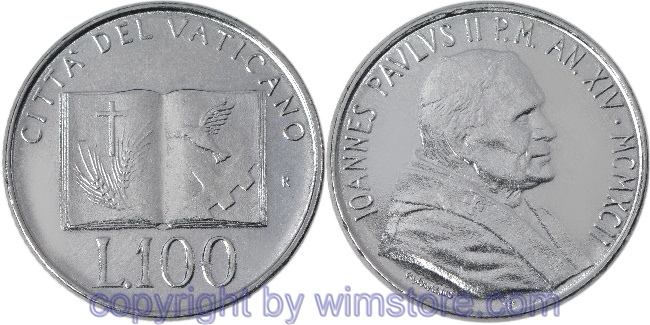 Vatikan, 100 Lire 1992, geöffnetes Buch, KM 239, Stahl