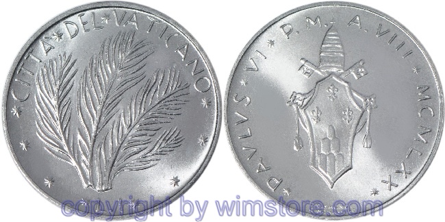 Vatikan, 1 Lira 1970 - 1977, Palmwedel, KM 116, Aluminium