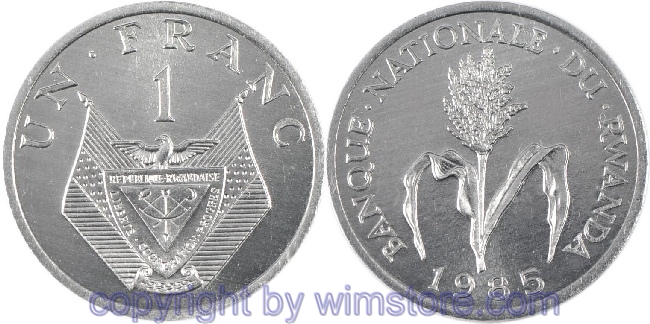 Rwanda, 1 Franc 1974, 1977, 1985, KM 12, Aluminium