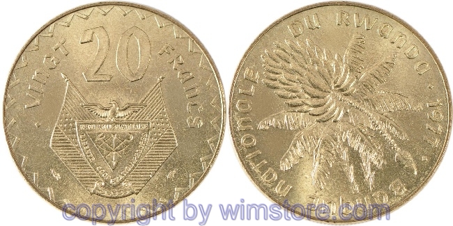 Rwanda, 20 Francs 1977, KM 15, Alu/Ni/Bro