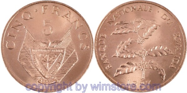 Rwanda, 5 Francs 1974, 1977, 1987, KM 13, Bronze
