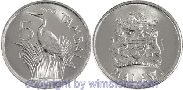 Malawi, 5 Tambala 1995, Purpurreiher, KM 32.1, Stahl vernickelt