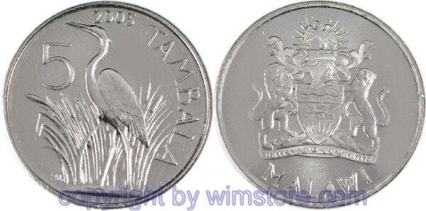 Malawi, 5 Tambala 2003, Purpurreiher, KM 32.2, Stahl vernickelt