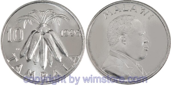 Malawi, 10 Tambala 1995, Maiskolben, KM 27, Stahl vernickelt