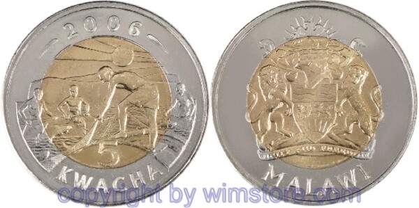 Malawi, 5 Kwacha 2006, Fischer mit Netz, KM 57, Bi-Metall