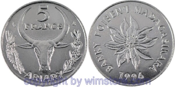 Madagaskar, 5 Francs 1996, KM 21, Stahl