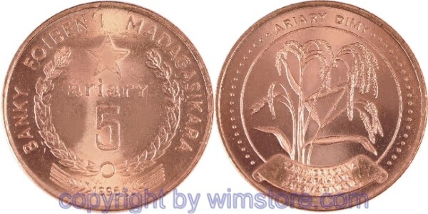 Madagaskar, 5 Ariary 1994, 1996, FAO, KM 23, Stahl verkupfert