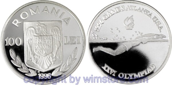 Rumänien, 100 Lei 1996, Olympische Spiele - Schwimmen, KM 127, Silber, PP, Kapsel