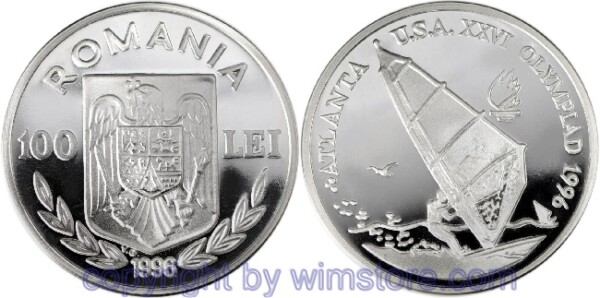 Rumänien, 100 Lei 1996, Olympische Spiele - Windsurfer, KM 129, Silber, PP, Kapsel