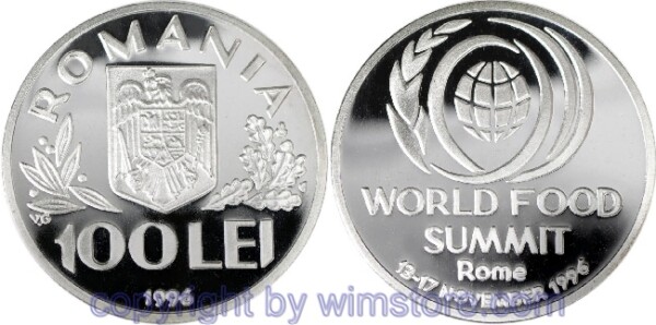 Rumänien, 100 Lei 1996, Welternährungskonferenz in Rom, KM 133, Silber, PP, Kapsel